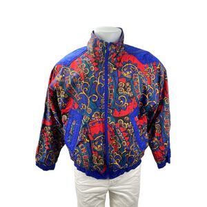 Vintage Sports Accent Blue Floral Geometric Full Zip Windbreaker Jacket Size S